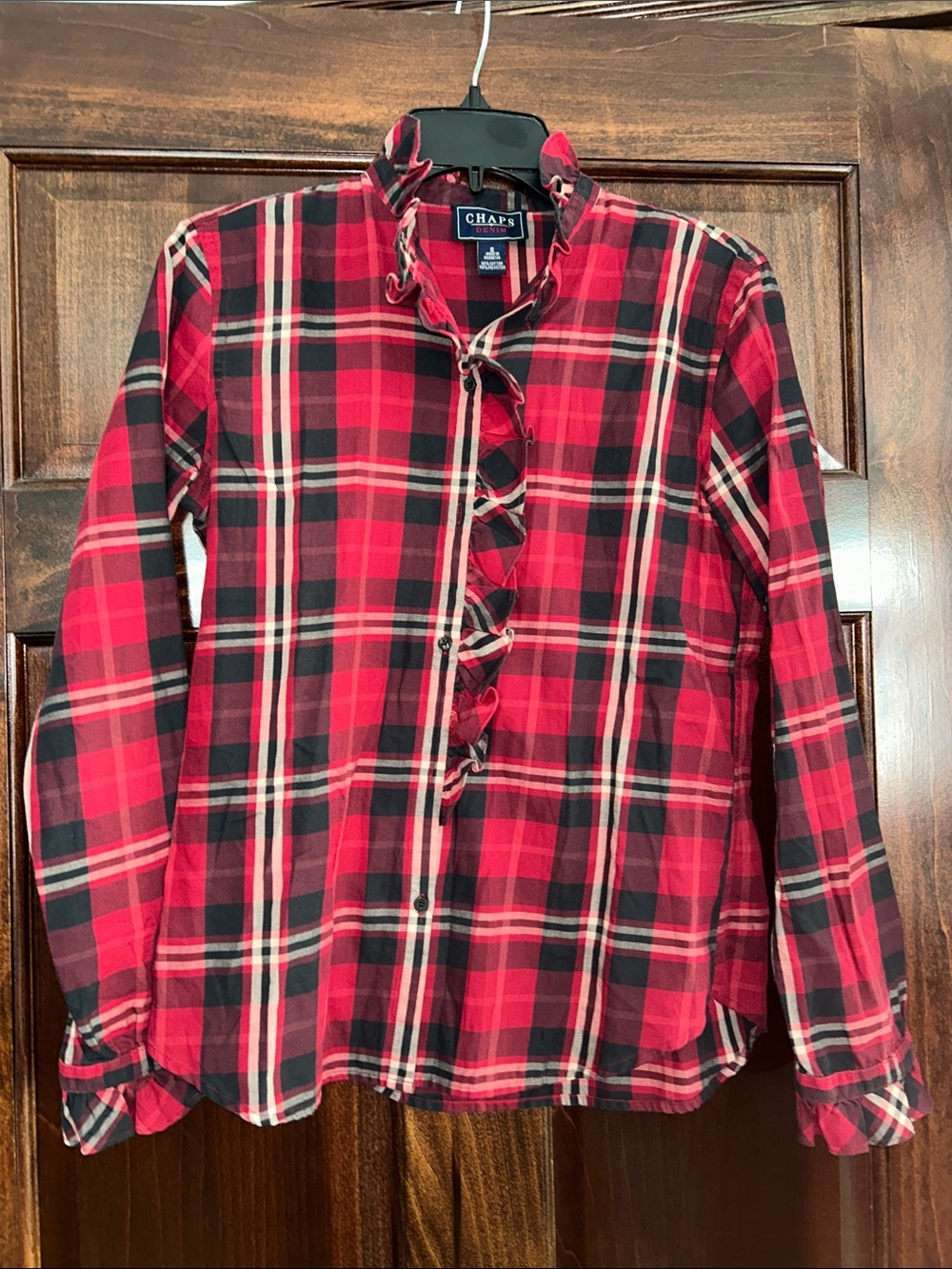 Chaps Red Black Plaid Ruffle-Front Button Down Top S